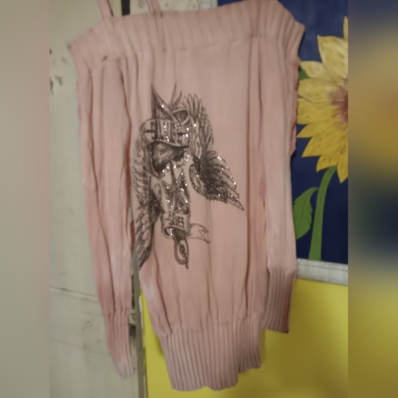 SALVAGE Htf Vng Rhinestone "Salvage Saves" Pink Off-Shoulder Sweater/Mini Dress - Picture 5 of 11
